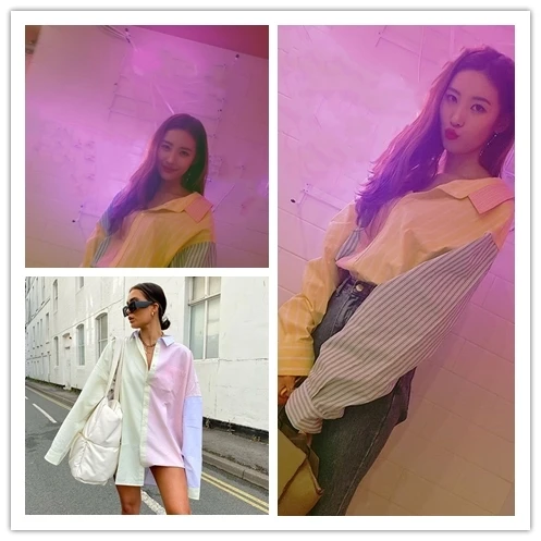 

Kpop Korean Celebrity Street Fashion Loose Lapel Striped long sleeved Shirts Women Summer Wild Patchwork Button Blouse And Tops