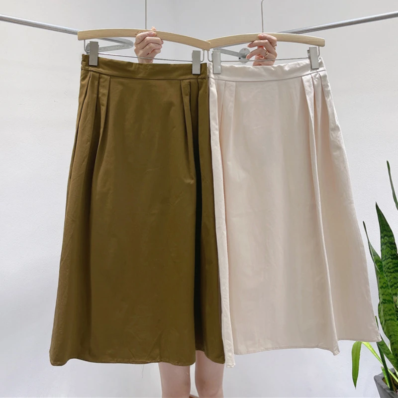 Autumn Preppy Pleated Long Cotton Skirts Mustard Temperament A-line Calf Length | Женская одежда