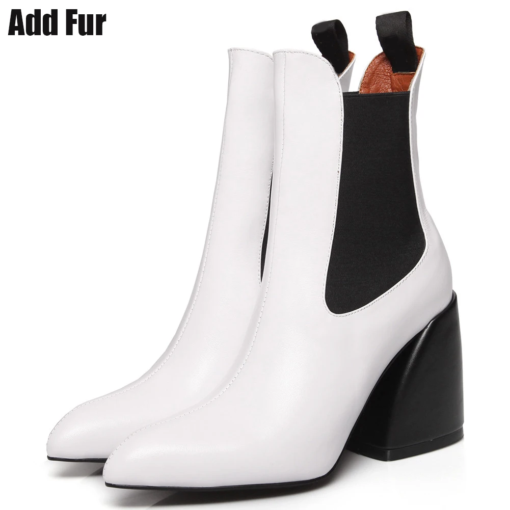 white 1 add fur BONJOMARISA; Новинка; Размеры 33-43; Роскошные брендовые дизайнерские ботиночки; женские Качественные ботильоны из натуральной кожи; коллекция года; женская обувь на высоком каблуке - Цвет: white 1 add fur