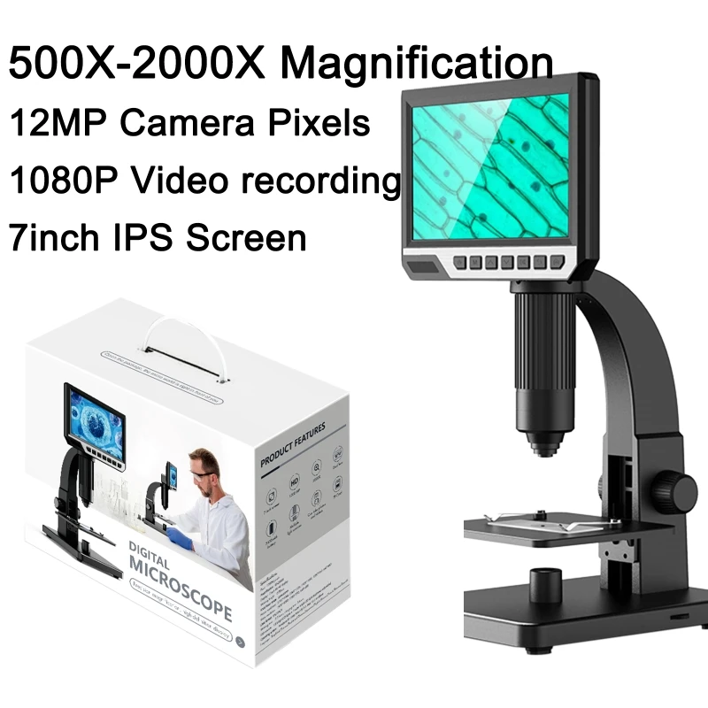 

7inch High Definition Screen 2000X Digital Microscope 12MP Camera 1080p Video Biological Cell & Industrial Magnifier