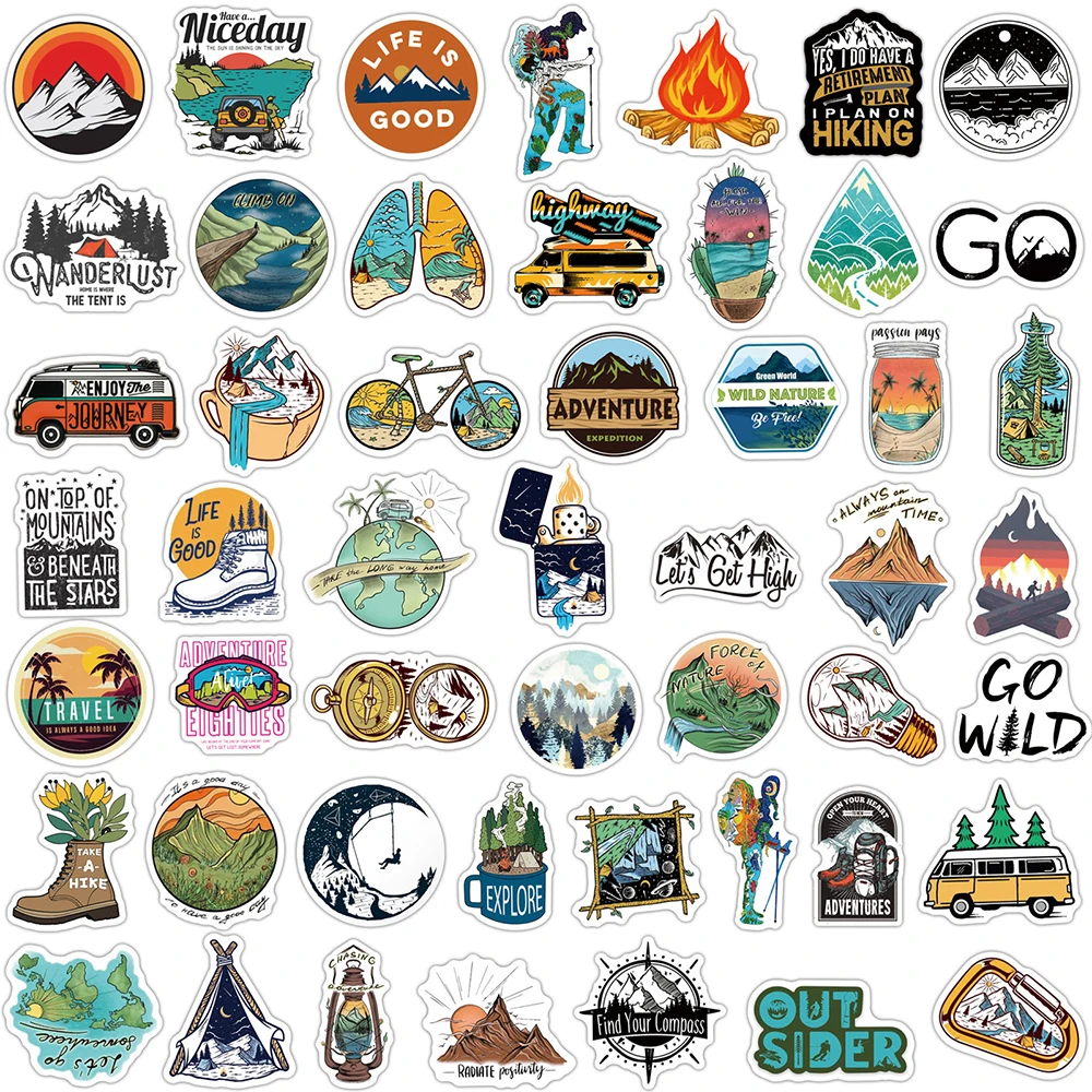 Pegatinas de paisaje para acampar al aire libre, pegatina impermeable de viaje para aventura, escalada, Maleta, port&aacute;til, bicicleta, juguetes, 10/50/100 Uds.-5