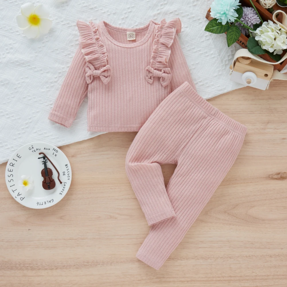 

0-24M Newborn Infant Baby Girls Ruffle T-Shirt Tops +Long Pant Outfits Cotton Knitting Long Sleeve Fall Winter Clothes Set