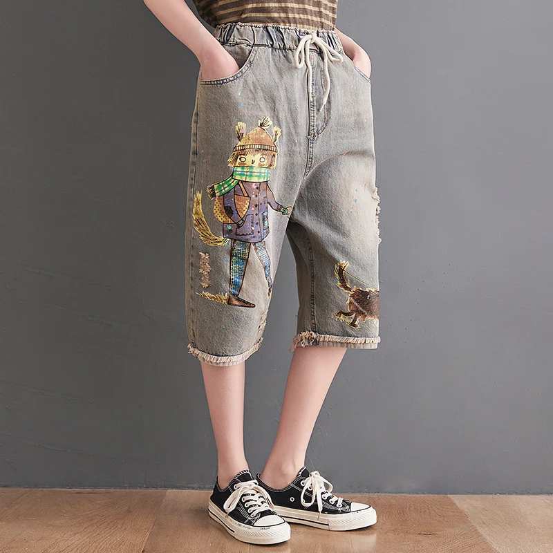

6501 Denim Shorts Women Summer Sweet Girl Temperament Vintage Trendy Cartoon Printing Drawstring Elastic Waist Five-Point Pants