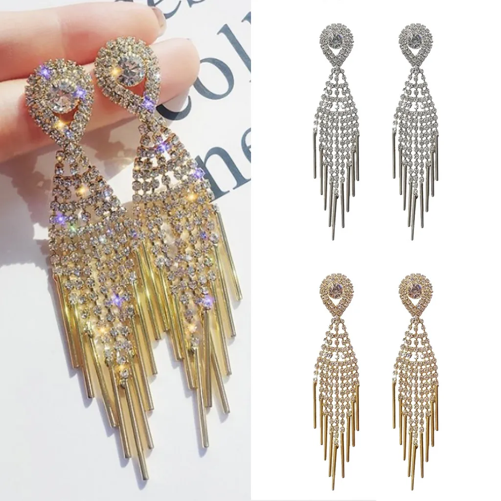 Современный дизайн серьги женские длинные элегантные с блестящими стразами для