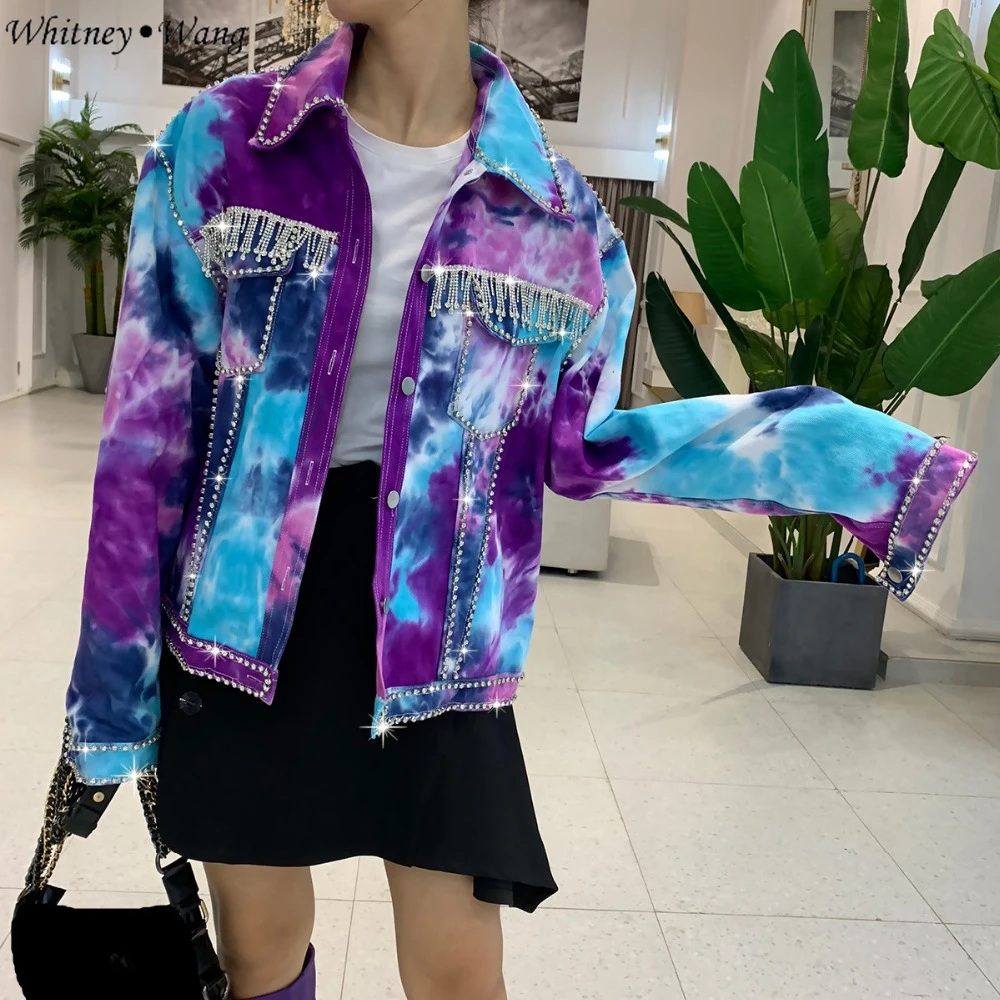 WHITNEY WANG 2019 Осенняя мода уличная галстук краситель бриллианты кисточка джинсовая