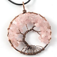 trendy beads copper wire wrap natural rose pink quartz pendant tree of life necklace for mother day gift
