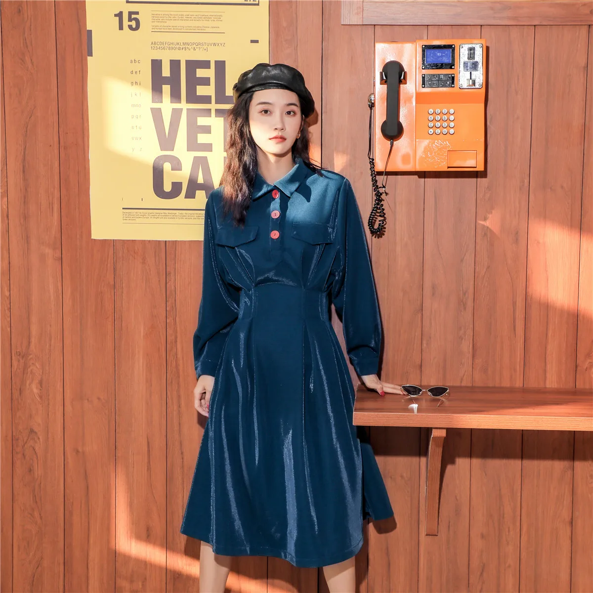 

Long Sleeve Casual velour Dress Women buttons Long style retro Dress Autumn Winter high waist vintage Dresses