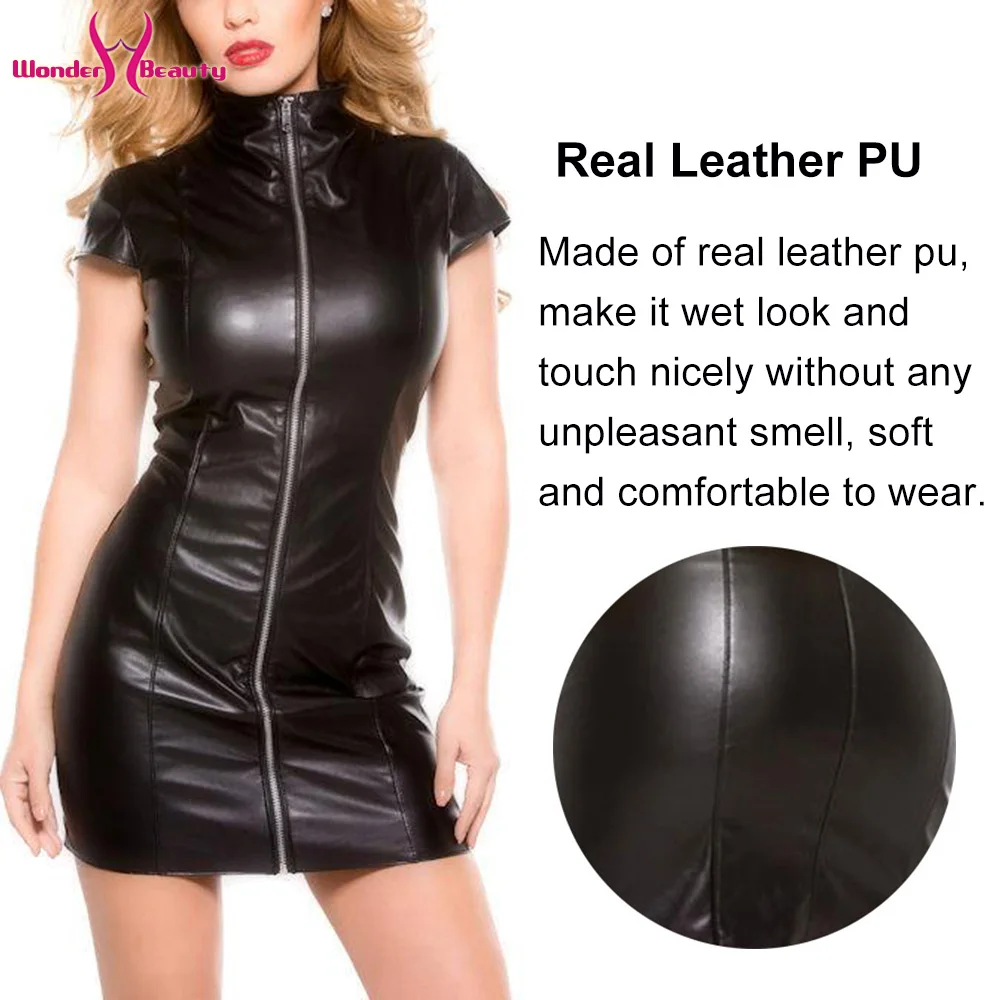 Summer Women's PU Leather Bodycon Dress with Short Sleeves - Black Mini Office Dress for Club Parties and Wetlook Style - Vestidos S-3XL image 5