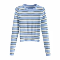hot sale 2021 women spring autumn jersey casual round collar sweater stripe knitting lady short jumper long sleeved knitwear top