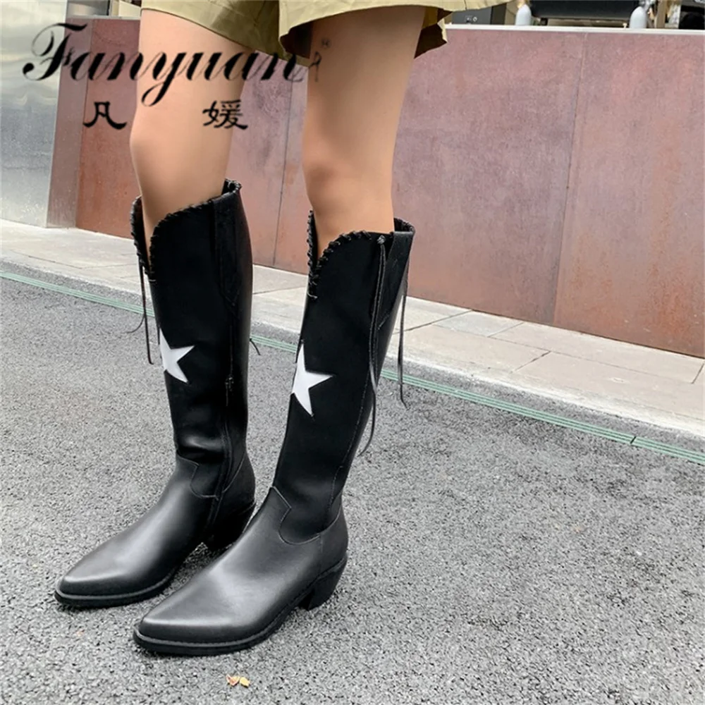 

Fanyuan Cool Popular Fashion Concise Women Knee-High Boots Autumn Winter Pointed Toe Thick Heels Genuine Leather Western Shoes