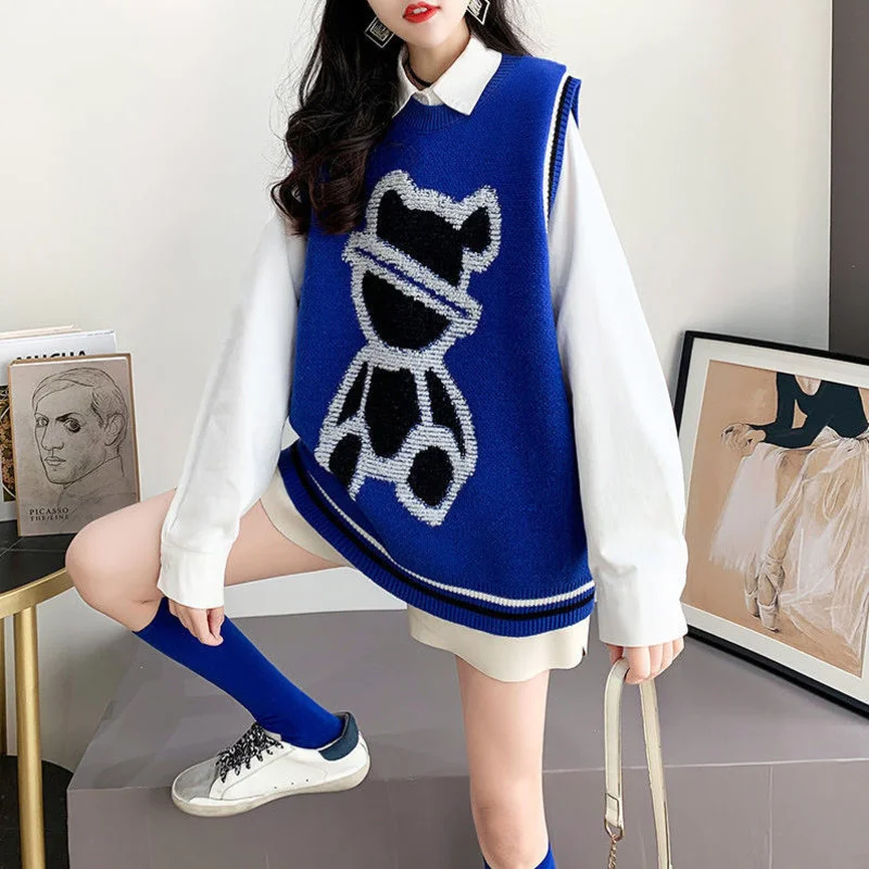 

Sleeveless Sweater Knitted Short Vest Tops Women Kawaii Bear Pullover Korean Fashion Harajuku Wild Loose Gilet Sueters Mujer