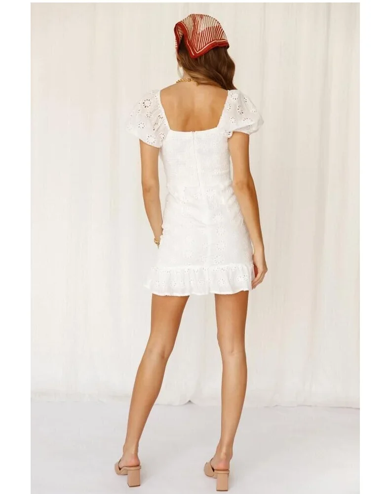 

Women Short-sleeved Dress Sexy Sweet Temperament Summer Slim Package Hip Openwork Lace Pullover V-neck Straight Dress