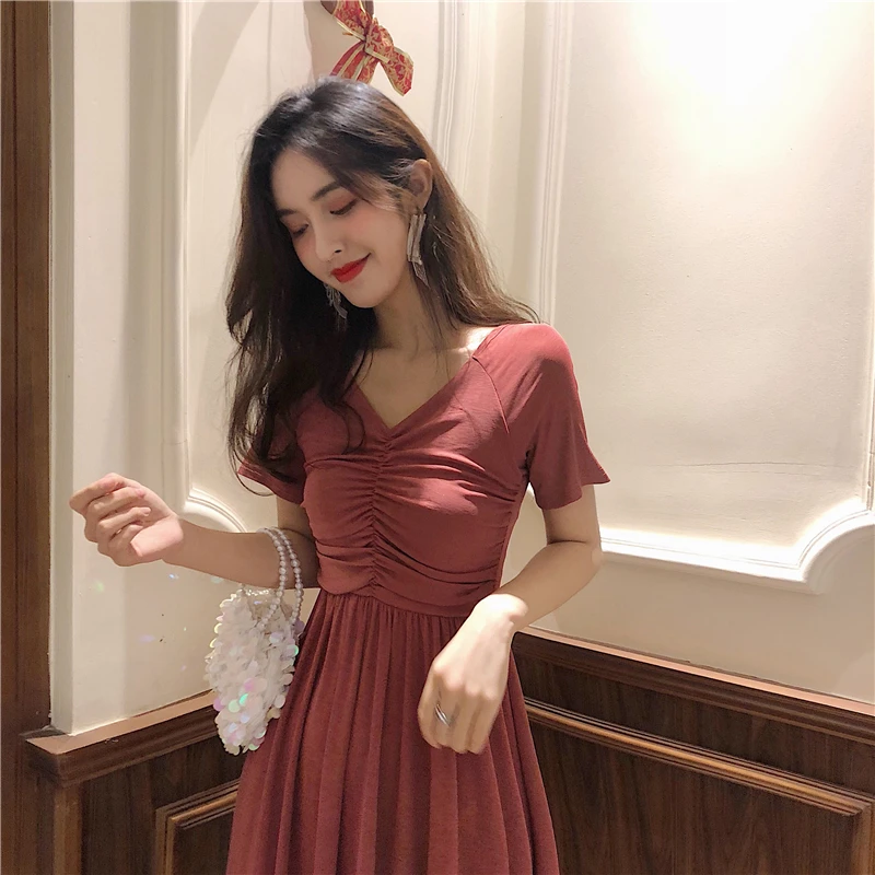 

Mazefeng Summer Women Casual Short-sleeved Dresses Female Solid Dresses Ladies Casual Elegant Sheath Loose Style Vintage Dresses