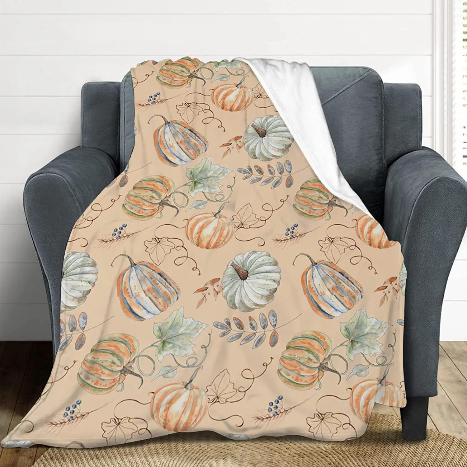 Manta de decoraci&oacute;n de oto&ntilde;o para el hogar, manta polar de franela con hojas de calabaza, superc&aacute;lida, para sof&aacute; y sala de estar-2