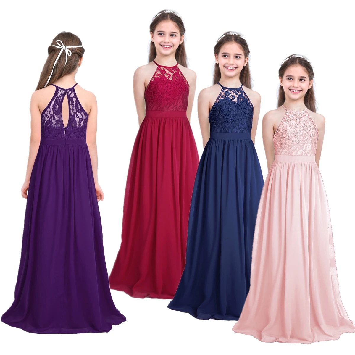 

Kids Girls Wedding Party Dress Elegant Lace Chiffon Princess Vestidos Sleeveless Halter Flower Girl Long Dress Pageant Clothes