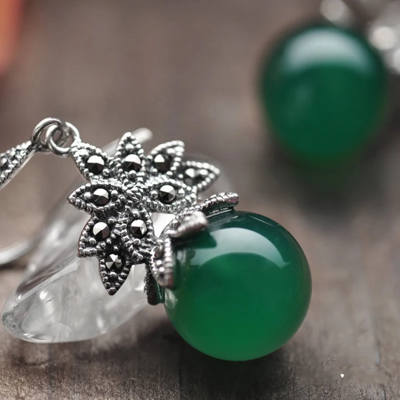 Женские серьги с натуральным зеленым камнем из стерлингового серебра 925 пробы