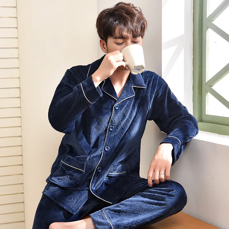 Pajamas Men's Winter Thin Coral Fleece Large Size Thickening Warm Long-sleeved Island Home Service Suit Sommeil Tops 2020 | Мужская