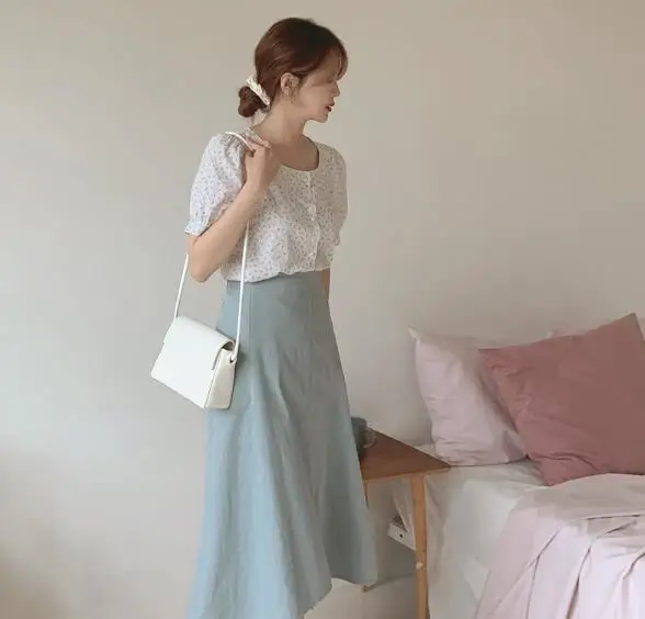 Nuevas chicas blusa de verano de las mujeres traje de camisa Tops de manga corta alta cintura imprimir una línea faldas trajes de dos piezas de vender por separado