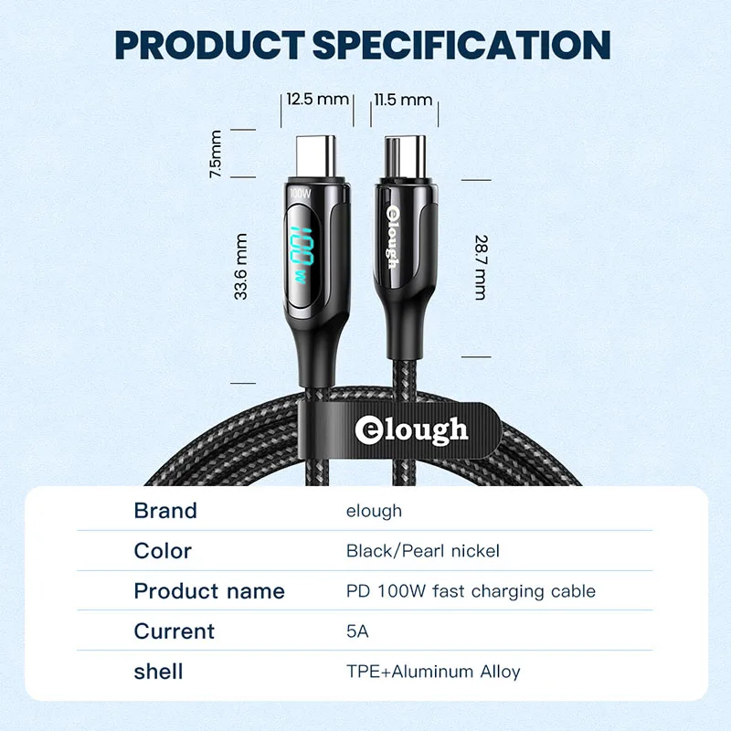Elough LED 100W USB C To Type Cable PD Quick Charge 4.0 Type-C For Xiaomi POCO X3 Huawei Samsung Phone Charging Cord | Мобильные