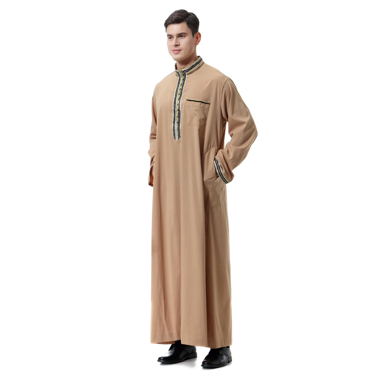 Muslim Islamic Clothing Men Jubba Thobe Long Robe Stand Collar Saudi Musulman Abaya Caftan Islam Dubai Arab Dress For Man PW205