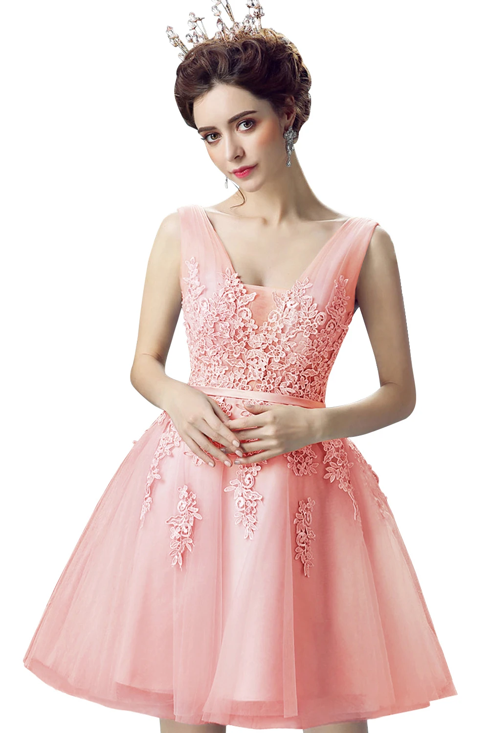 Женское кружевное вечернее платье розовое ТРАПЕЦИЕВИДНОЕ без рукавов с V