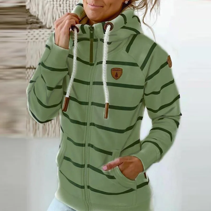 

Women Casual Zipper Drawstring Hooded Sweatshirts Autumn Long Sleeve Pockets Striped Hoodie Coats Harajuku Female Plus Size Tops