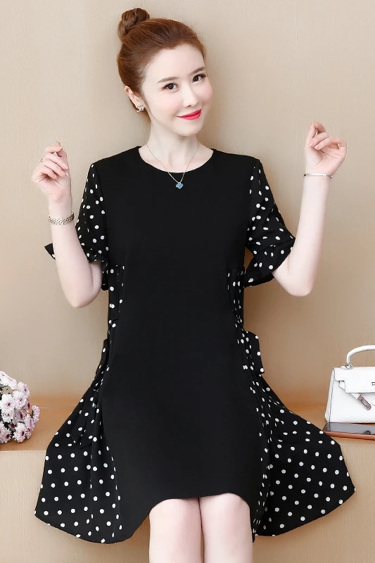 

COIGARSAM Women Dress Summer 2021 New Office Lady Patchwork Loose Solid Polka Dot Short Sleeve O-Neck Belt Black Dresses Traf