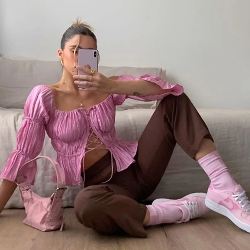 

Женский облегающий Топ без бретелек, однотонный розовый пикантный уличный топ с рюшами и рукавами-трубами, обтягивающий Дамский шикарный у...