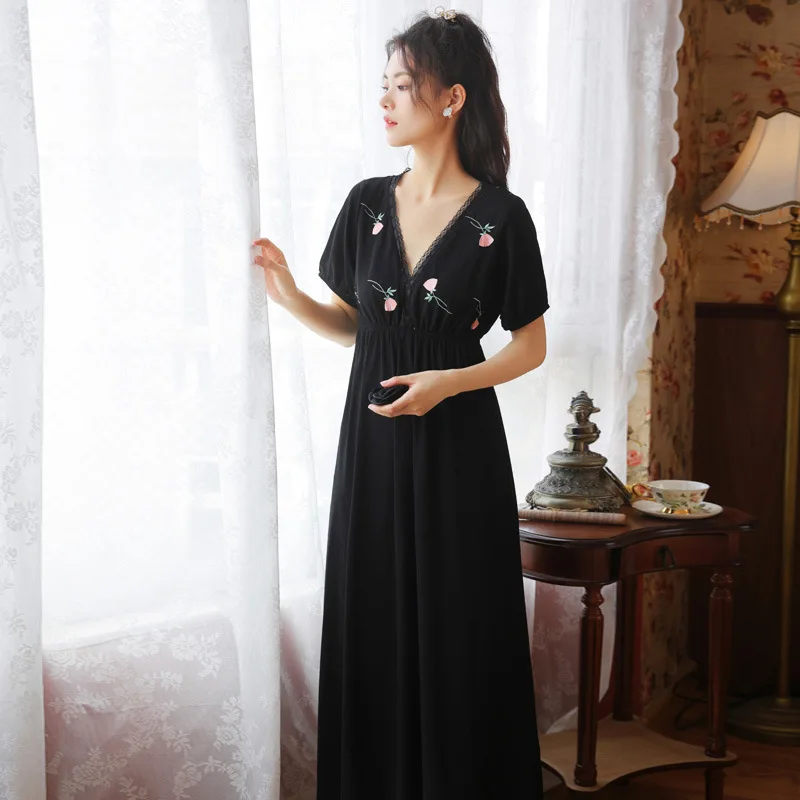 

Cotton Nightdress Sexy V-neck Palace Style Short-sleeved Long Home Dress Black Thin Summer French Home Service Women Night Gown