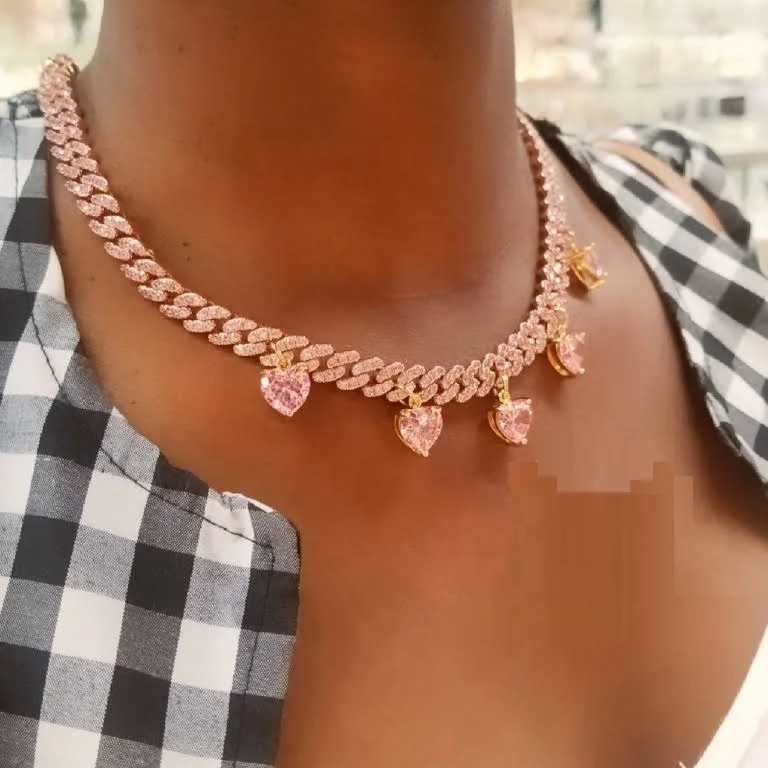 

New hip hop choker with pink cz paved heavy jewelry with rose gold color plated lucky heart charm cuban chain statement necklace
