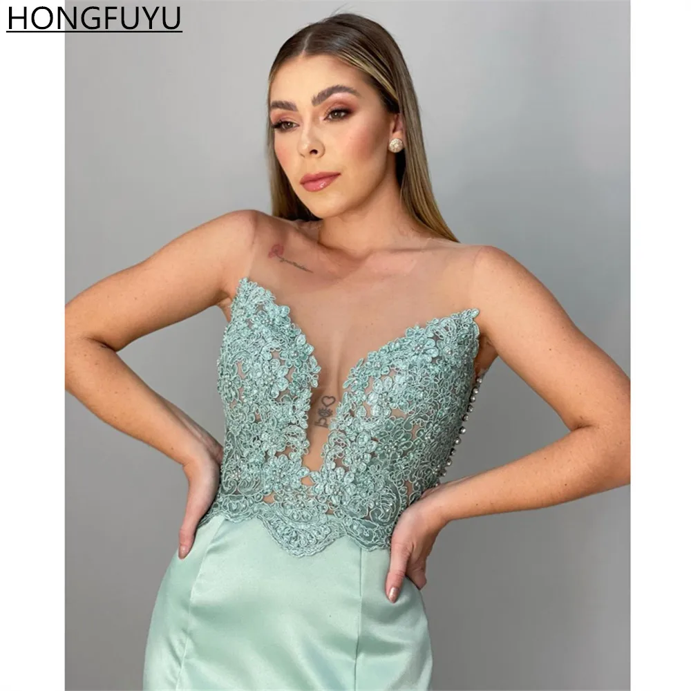 

HONGFUYU Royal Blue Satin robe de soire Prom Dress Sheer O-neck Formal Evening Dresses with Appliques Lace suknie wieczorowe