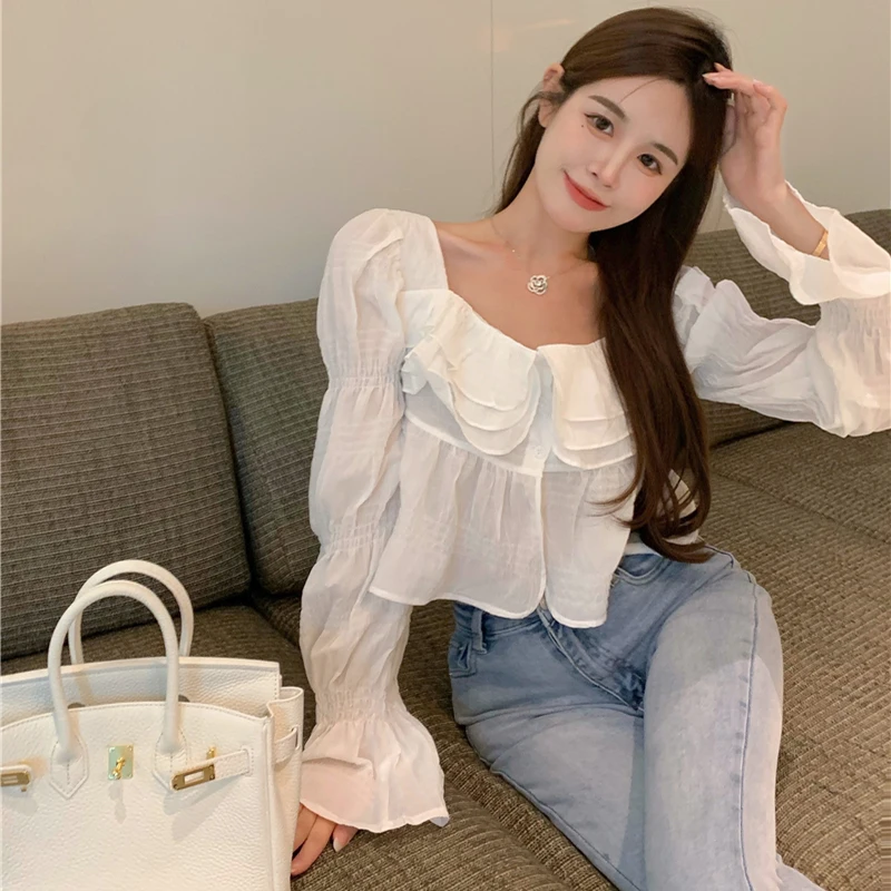 

Шифоновая Блузка с оборками Женские топы с пышными рукавами Осенняя Милая стильная шикарная женская рубашка с квадратным воротником черны...