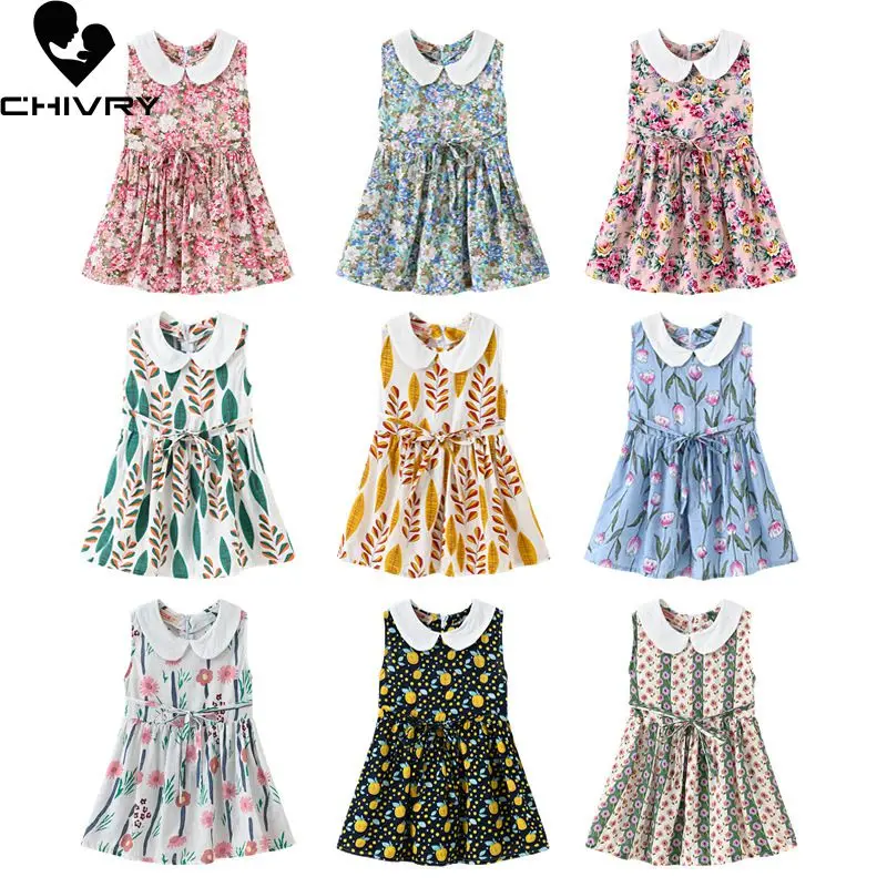 

Summer 2020 New Little Girls Doll Collar Sleeveless Fashion Print A-line Princess Dress with Sashes Casual Kids Baby Girls Dress