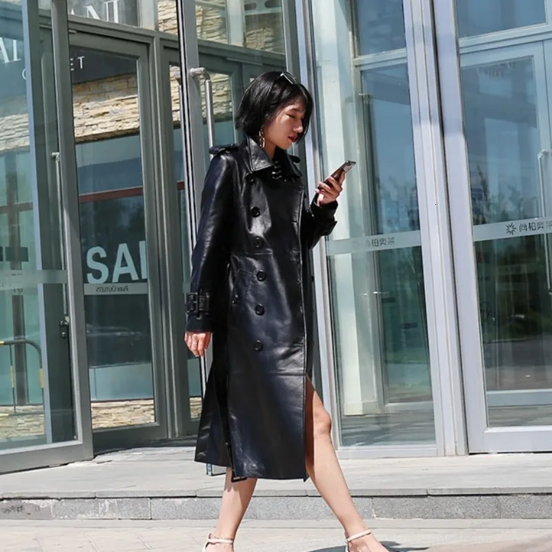 Женское кожаное пальто халат Женская Овчина Осень-зима зима черная овчина с