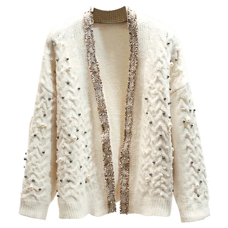 

Knitted Women Cardigan 2020 Spring Fashion Heavy Pearl Beaded Thick Warm Knit Cardigan Coat Women Loose Knit Sweater SA413S30