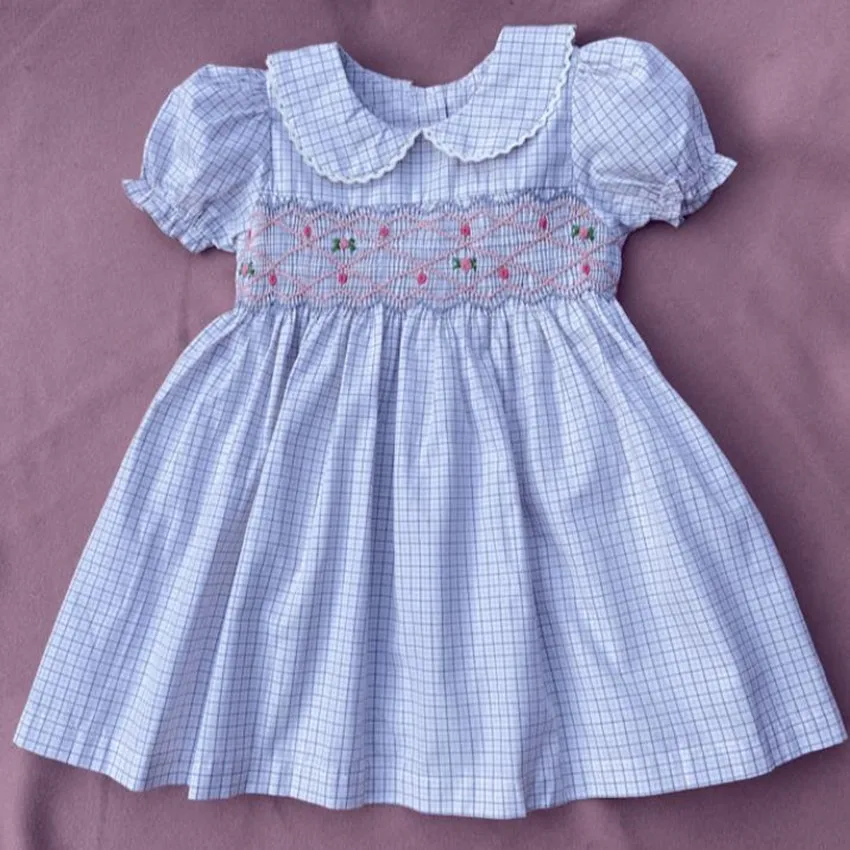 

Baby Girl Summer Vinatge Spanish Plaid Smocking Princess Dress Kids Peter Pan Collar Cotton Embroidered Party Banquet