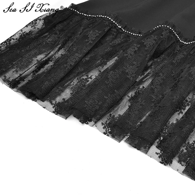 

Seasixiang Fashion Designer Summer Dress Women's Short Sleeve Diamonds Lace Patchwork Asymmetrical Dresses