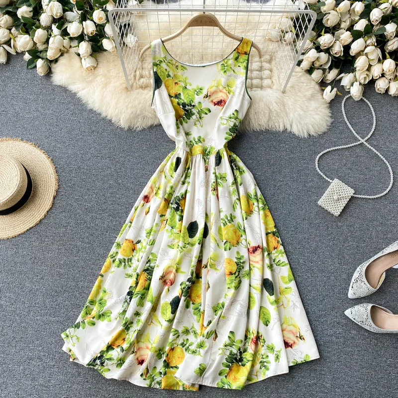 

Summer Women Dress 2021 Sexy Backless Midi Party Dress Vintage Floral Print O-neck Sleeveless A-line Boho Beach Holidays Dress