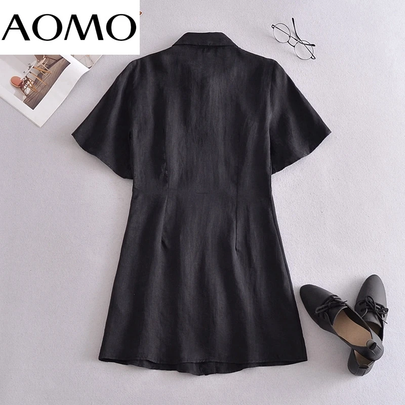 

AOMO 2021 New Arrival Women Black Dress Peter Pan Collar Short Sleeve Ladies Mini Robe QN57A