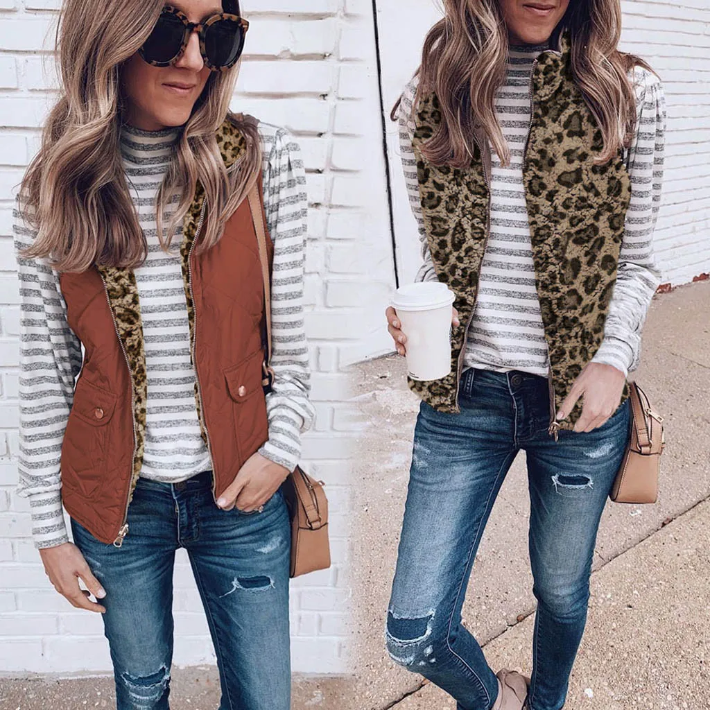 

Fashion Women Leopard Windproof Warm Slim Coat Two Wear Sleeveless Pullover Blouse Open Front Jacket Coat Outwear