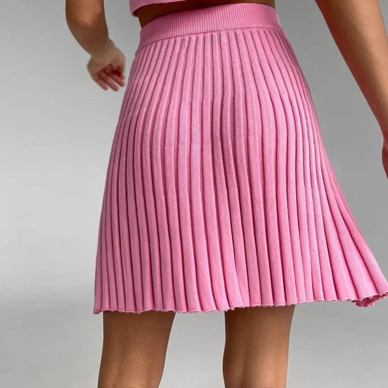 

Knitted Pleated Skirt High Waist Fashion A-line Elastic Sexy Skirt Casual Y2k 2021 Summer Solid Preppy Style Holiday Women Skirt