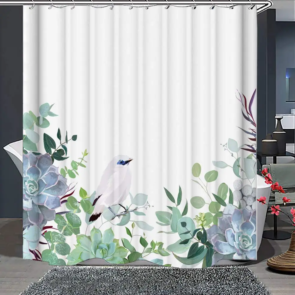 

White Bali Starling Bird Shower Curtain Eucalyptus Leaves Natural Frame Cactus Succulents Herbs Plant Bathroom Decor Set with 12