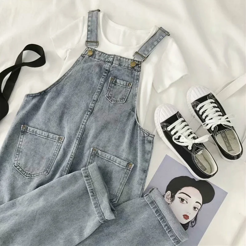 

Jumpsuits Women Pockets Lovely Students Basic Ankle-length Casual Spring Korean Style Solid Simple Washed Chic Fashion All-match