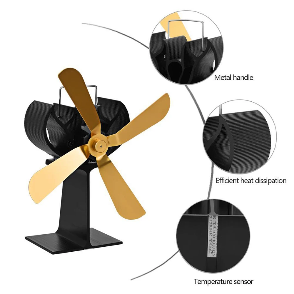 

4 Blades Home Fireplace Fan Efficient Heat Distribution for Wood Stoves Stove Fan Gold/Black