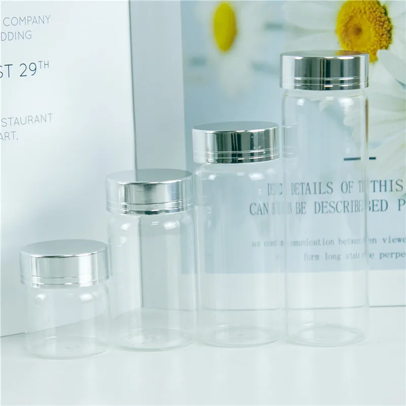 Стеклянные бутылки с серебристой алюминиевой крышкой 20 мл 50 65 90 свадебные
