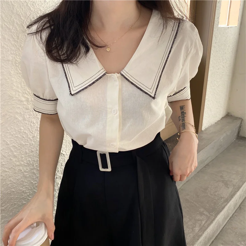 

Collar Shirt Female Lapel Age Reduction Design Sense of Minority Summer Short Sleeve Single Breasted Top + Cotton Linen