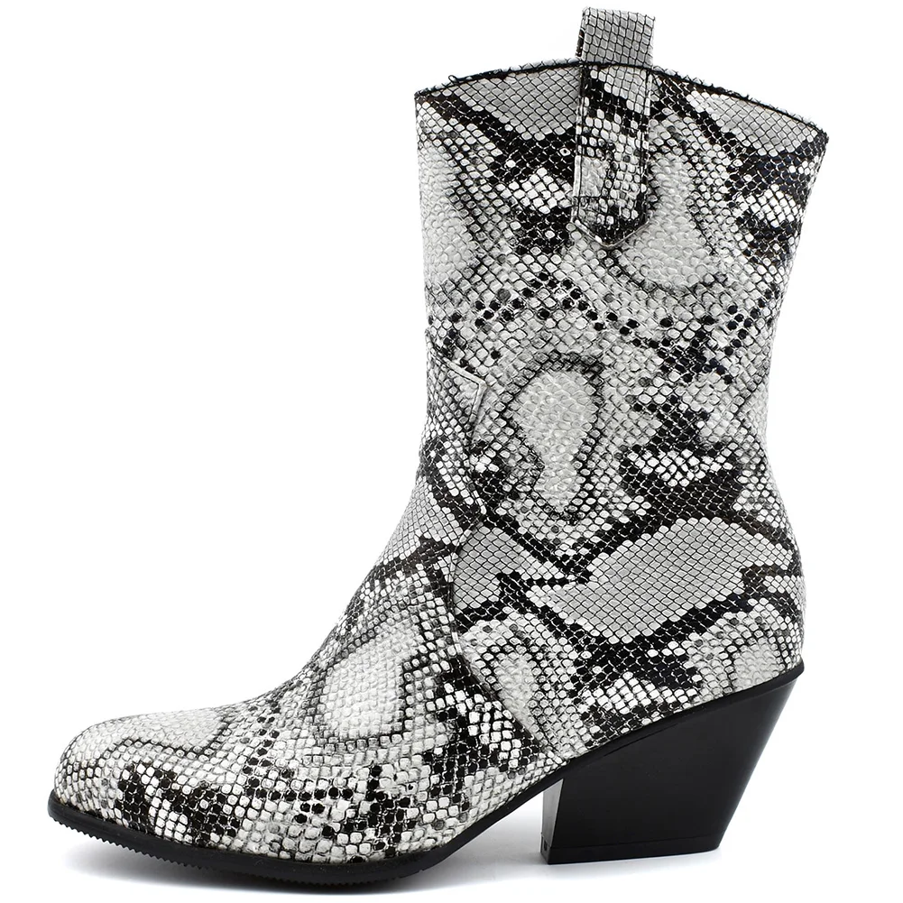 ALLENLYNN western mid calf boots for women snake prints pointed toe ladies square heels shoes woman Plus Size 34-48 | Обувь
