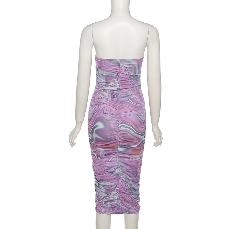 

Fashion Print Sexy Strapless Midi Dress Women Ruched Draped Backless Sleeveless Bodycon Dresses Vestidos Summer