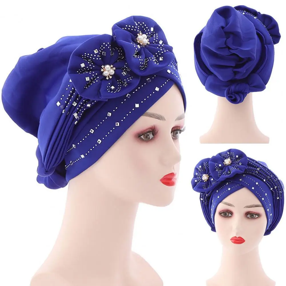 

Headscarf Cap Pure Color Trendy Coldproof Flower Decor Rhinestone Headscarf Cap
