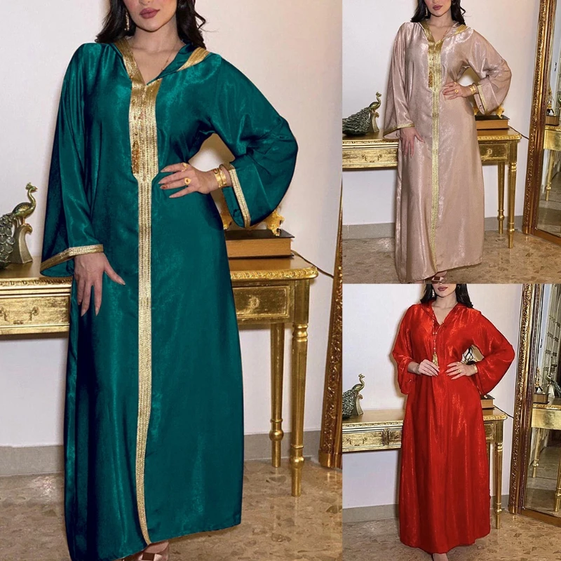 

Dubai Arabic Muslim Maxi Dress Women Long Sleeve Velvet Hooded Robe Kaftan Gown